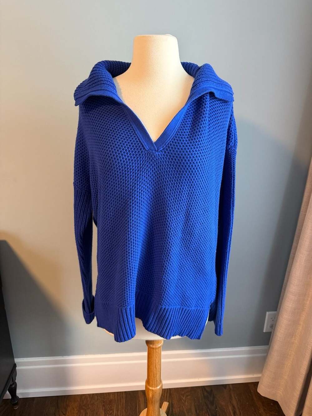 Lauren Ralph Lauren Women Blue Collared V-Neck Cotton Blend Sweater Size L